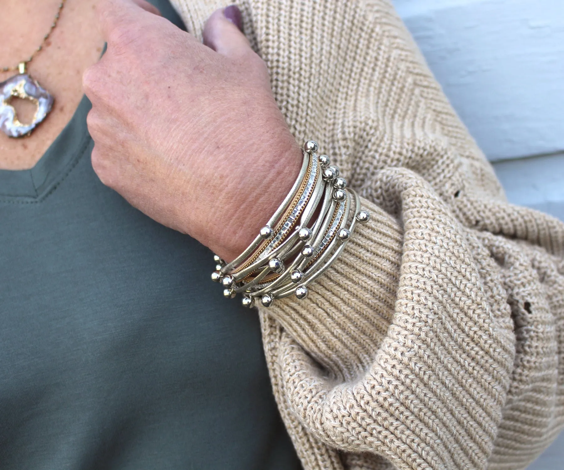 Beaded Gold Double Wrap Leather Bracelet