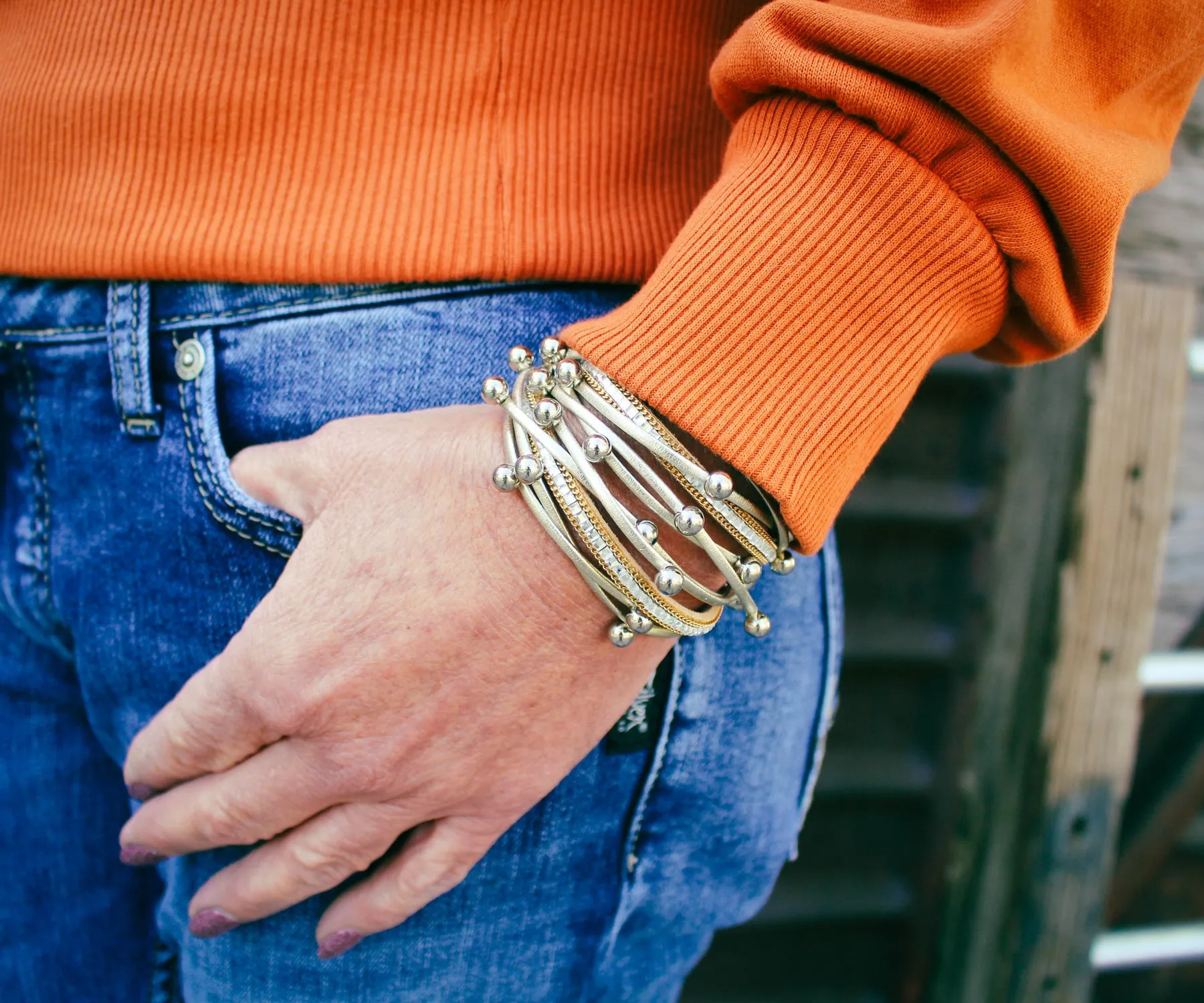 Beaded Gold Double Wrap Leather Bracelet