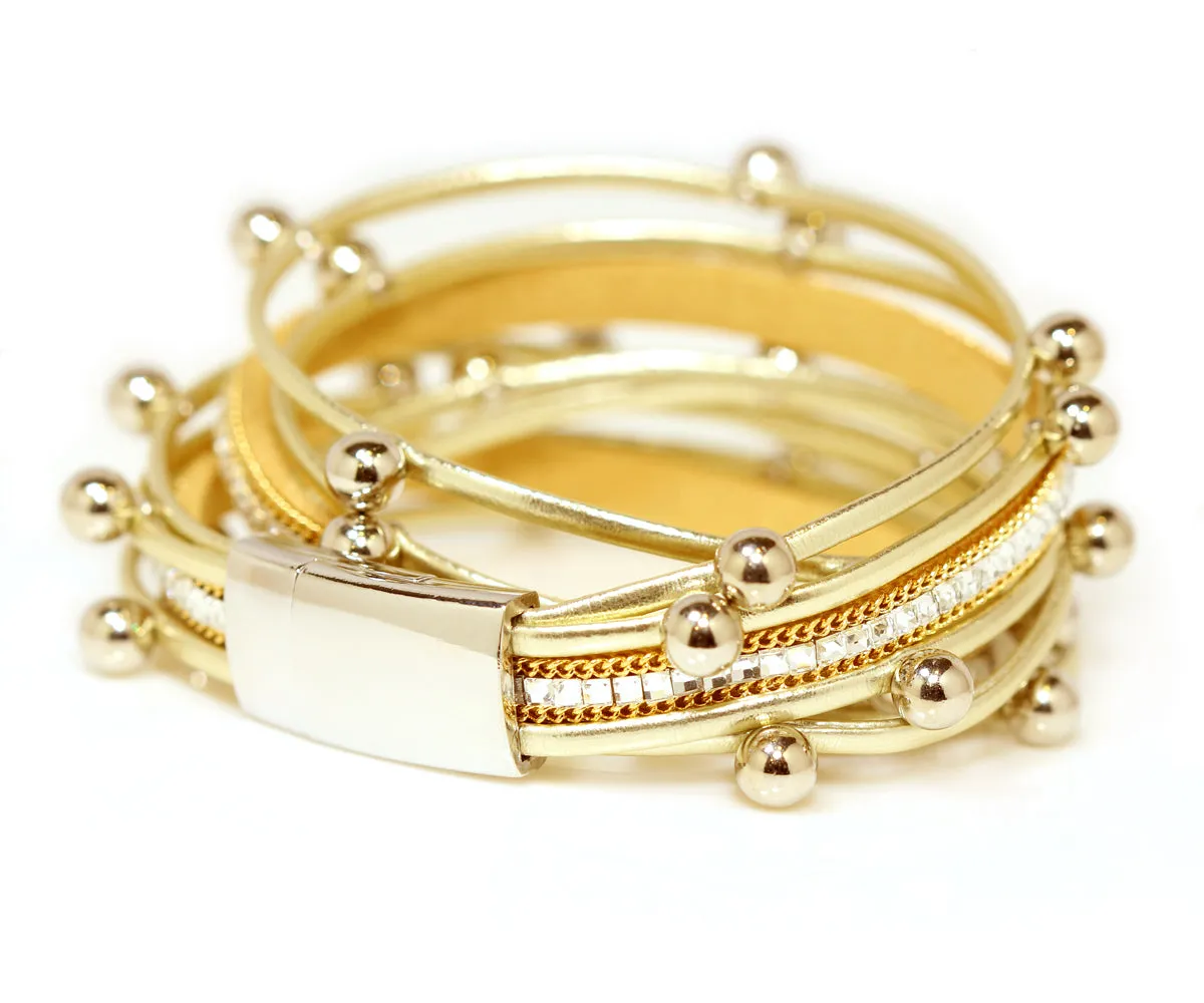 Beaded Gold Double Wrap Leather Bracelet
