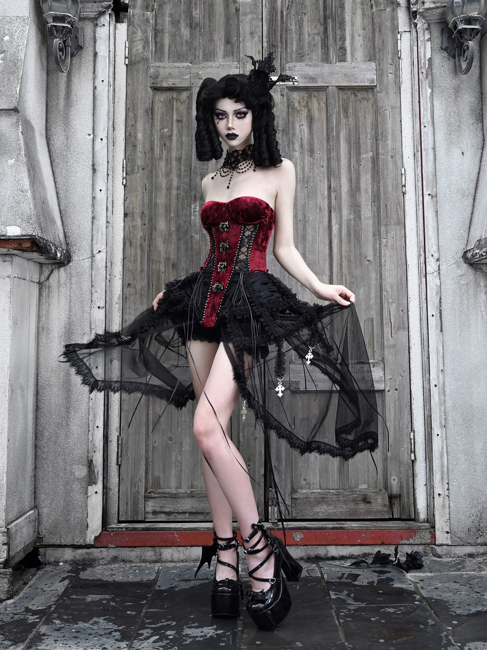 Dark Alice Dress Hell Fishbone Straps Corset Set Gothic Tulle