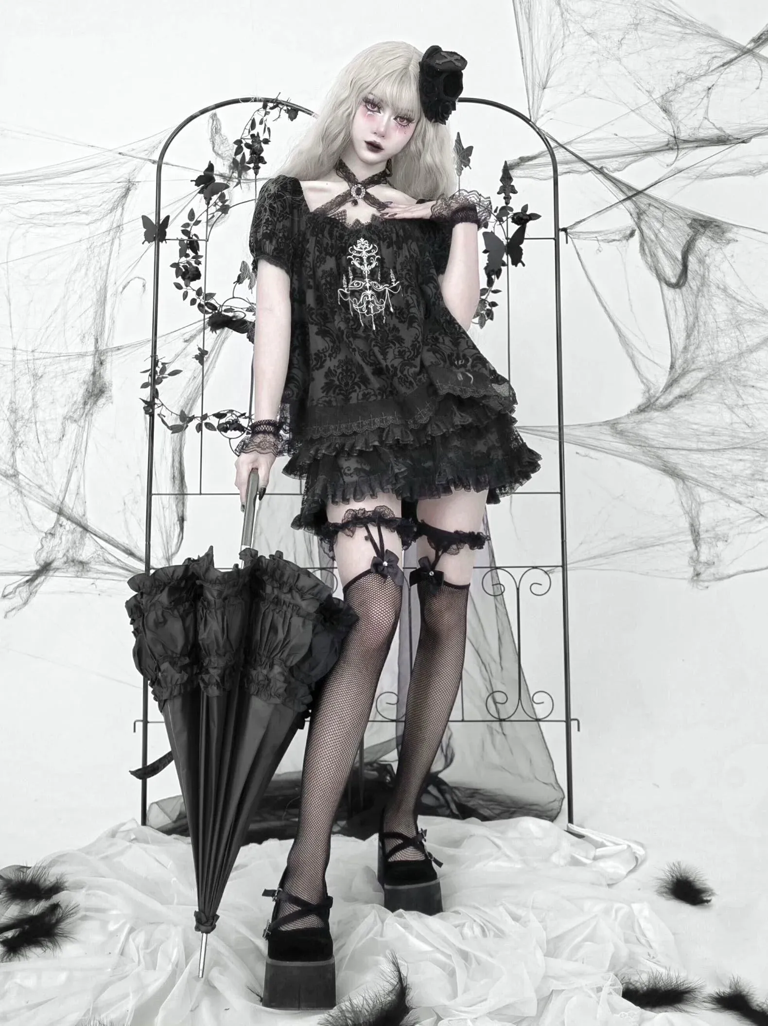 Dark Sleeve Puff Top Gothic Embroidery Lace