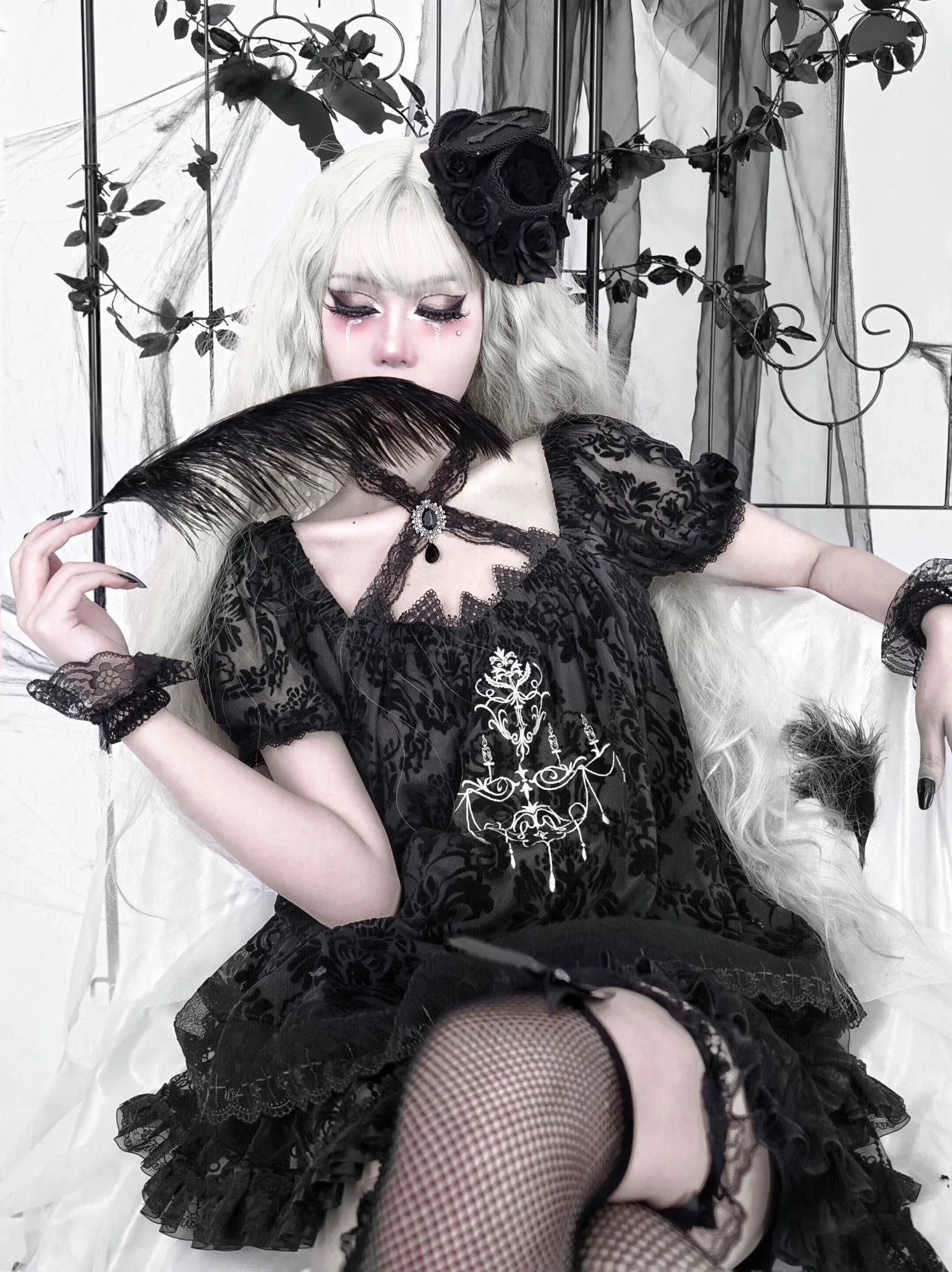 Dark Sleeve Puff Top Gothic Embroidery Lace