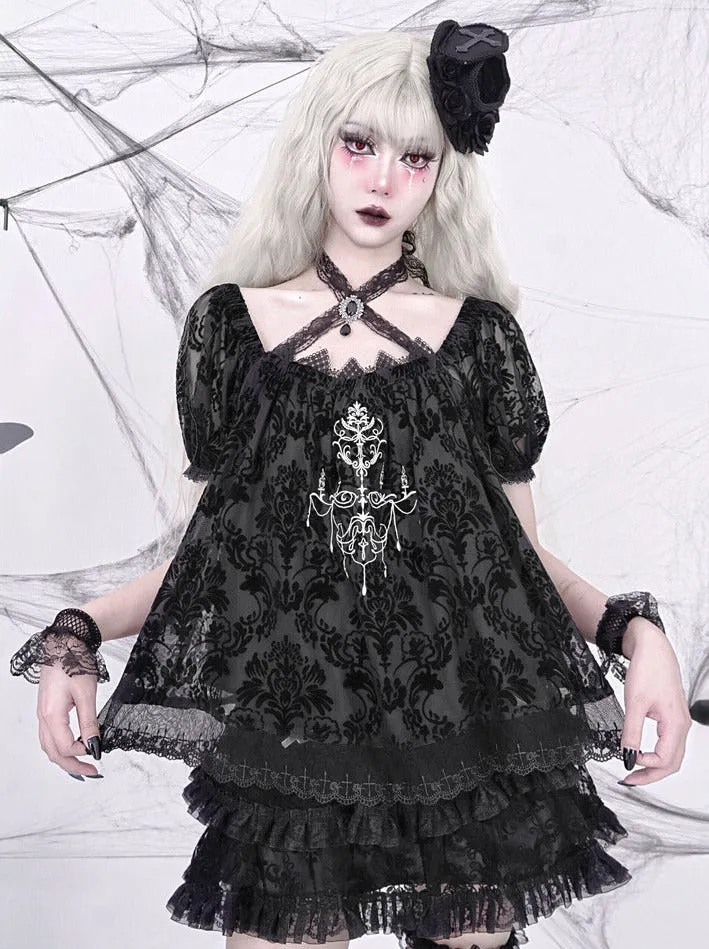 Dark Sleeve Puff Top Gothic Embroidery Lace