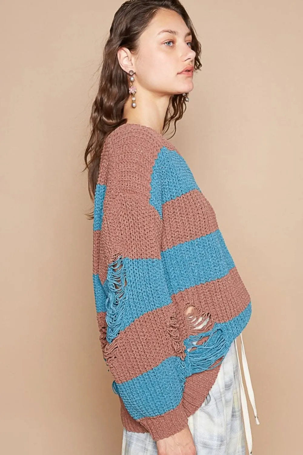 Edgy striped balloon sleeve sweater