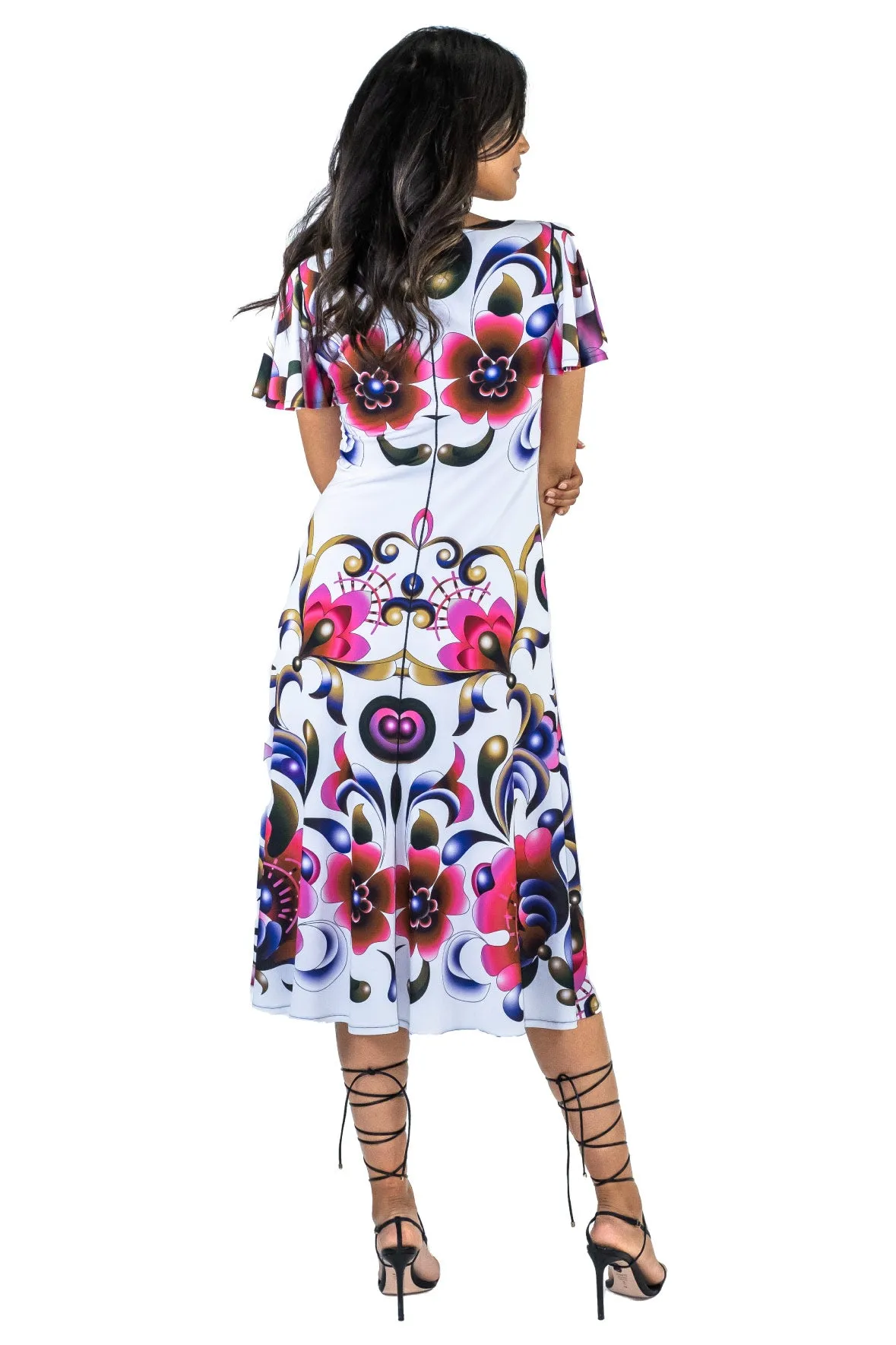 Fit and Flare V Neck Wing Sleeve Dress