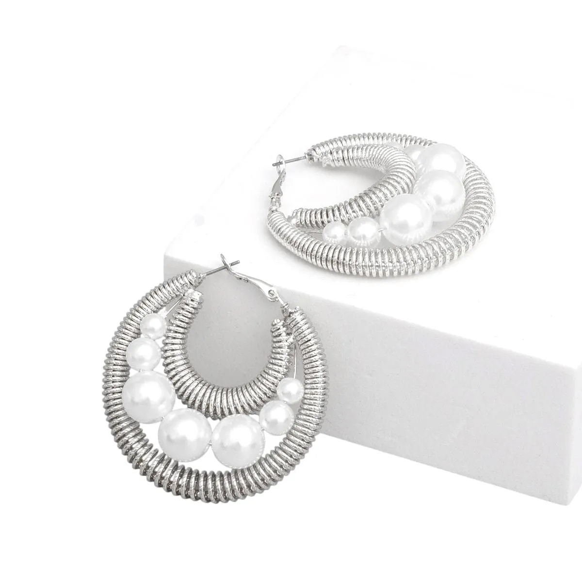 Hoops Silver Double Coiled Wire Pearl Earrings