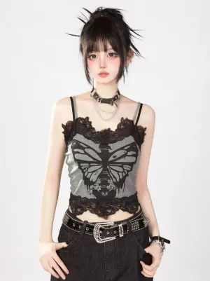 Print Butterfly Skull Camisole Top Lace