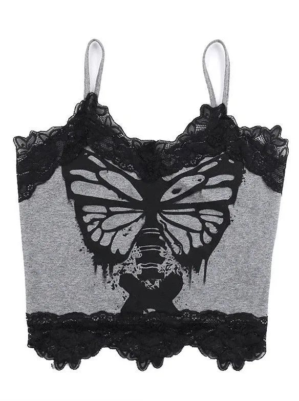 Print Butterfly Skull Camisole Top Lace