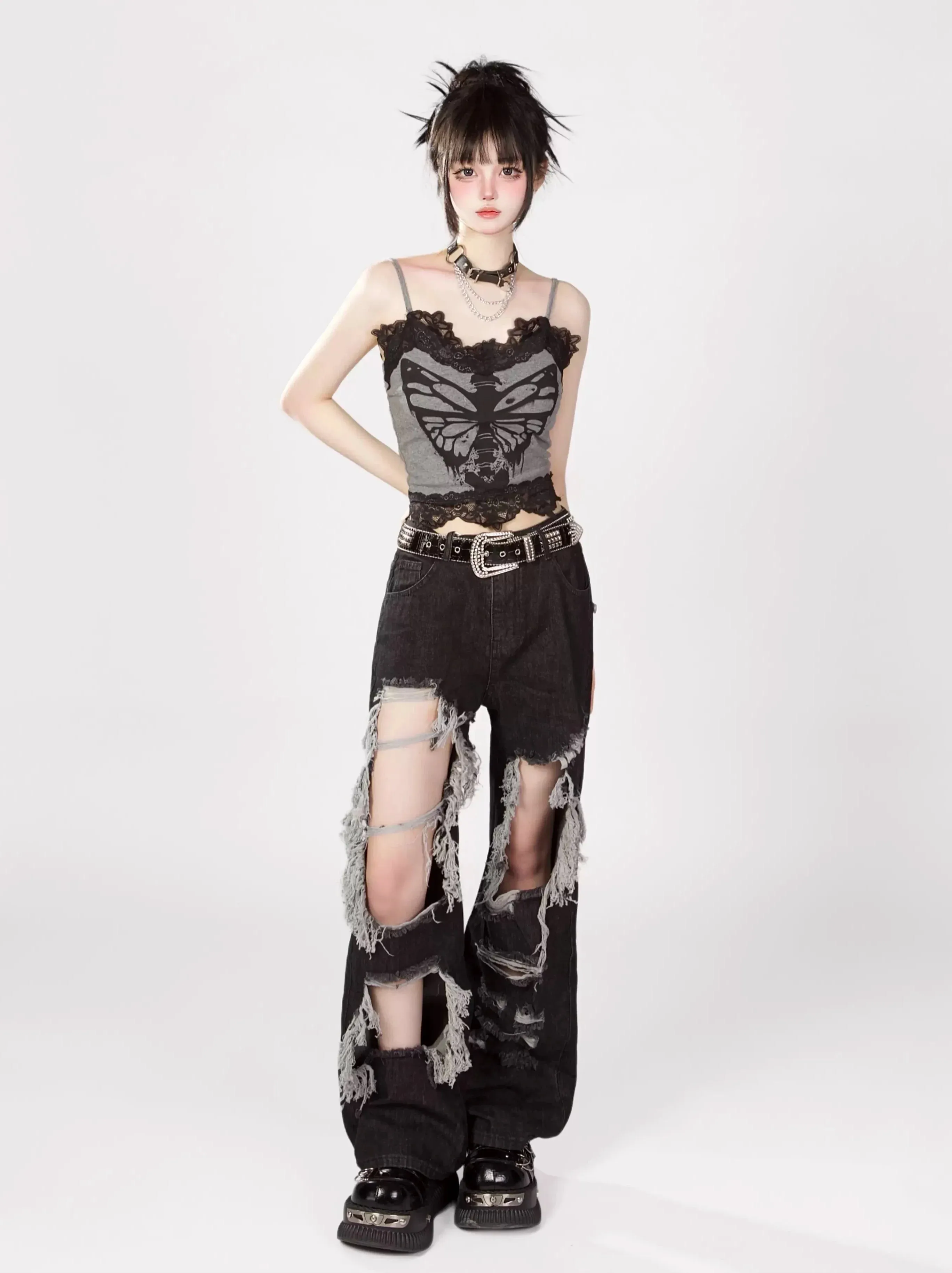 Print Butterfly Skull Camisole Top Lace