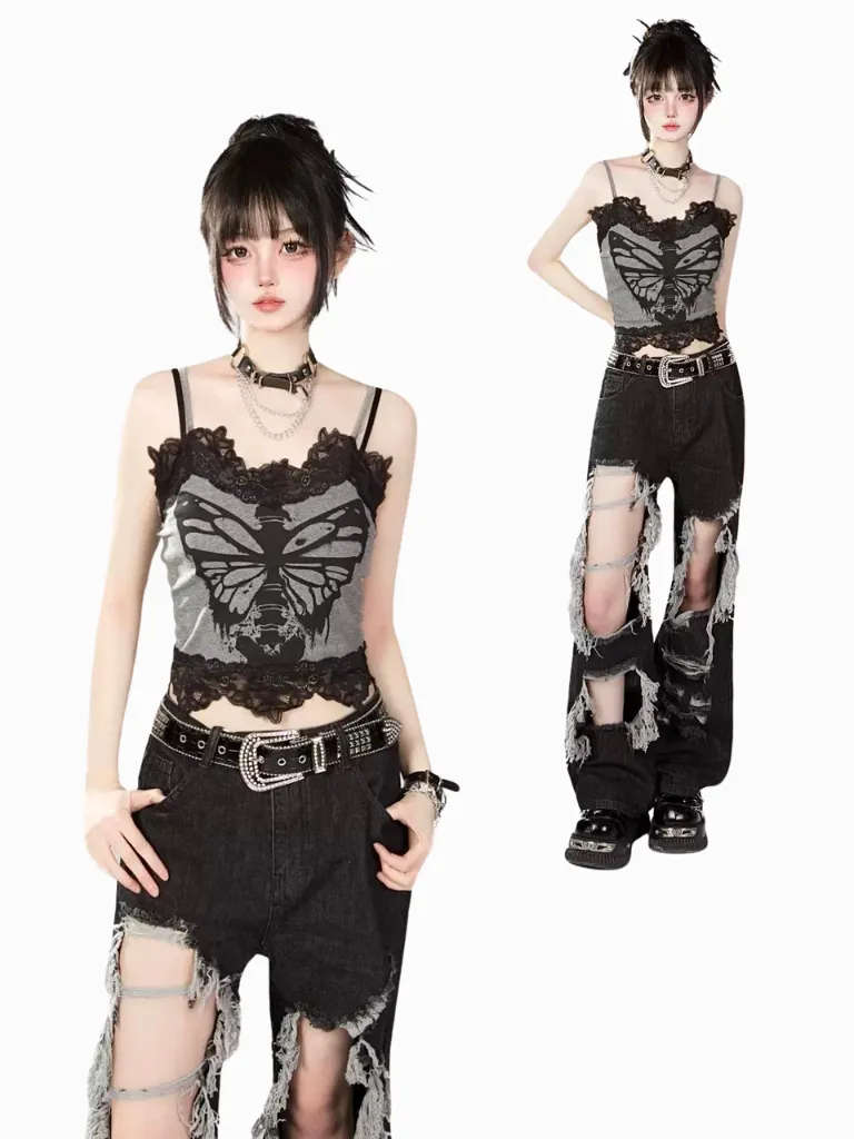 Print Butterfly Skull Camisole Top Lace